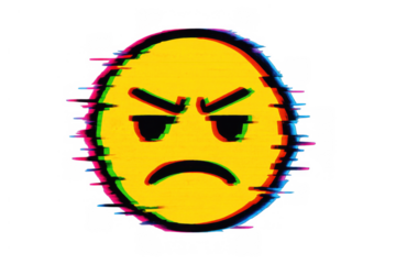 Angry glitch emoji displaying digital error and cyber psychological stress with distorted emotional expression on transparent background