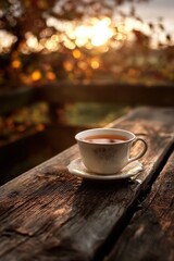 Warm Cup of Tea on a Rustic Wooden Table, Autumn Sunlight and Steam