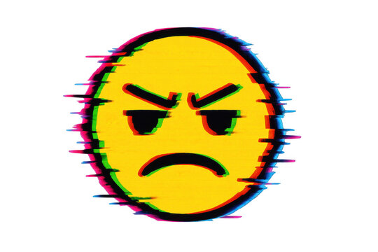 Angry glitch emoji displaying digital error and cyber psychological stress with distorted emotional expression on transparent background
