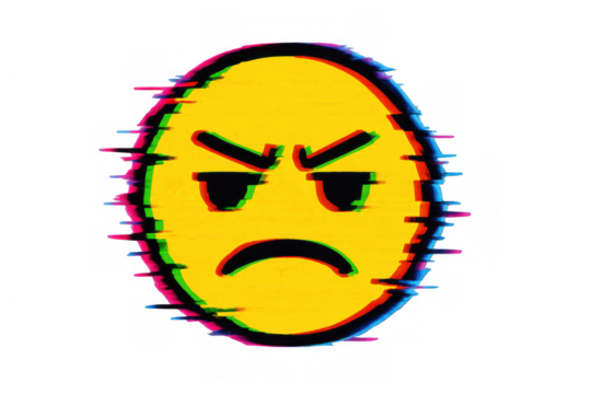 Angry glitch emoji displaying digital error and cyber psychological stress with distorted emotional expression on transparent background