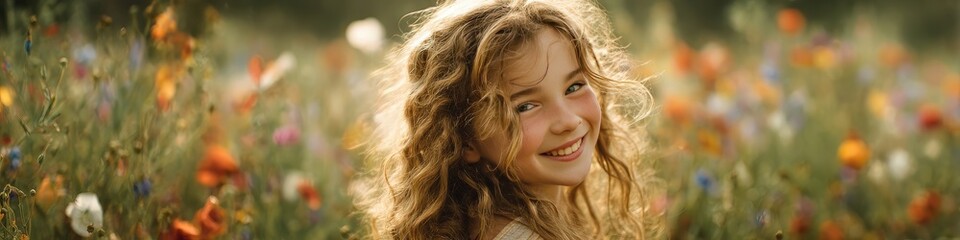 Naklejka premium Happy Curly-Haired Girl Smiling Brightly in a Field of Vibrant Wildflowers