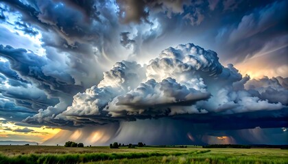 Dramatic panorama of a supercell thunderstorm forming over a field, with a dramatic sky