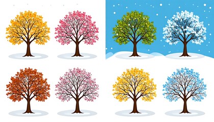 Eight stylized trees depicting seasonal changes. Spring blooms, summer leaves, fall colors, and winter snow are displayed in two rows