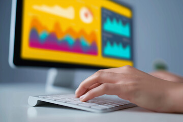 A close-up of a hand typing on a keyboard in front of a computer screen displaying colorful data visualizations and graphs.