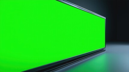 暗い背景の部屋の床に置かれた薄型大型ディスプレイのグリーンスクリーン | Large thin display with a green screen on the floor in a dark background room