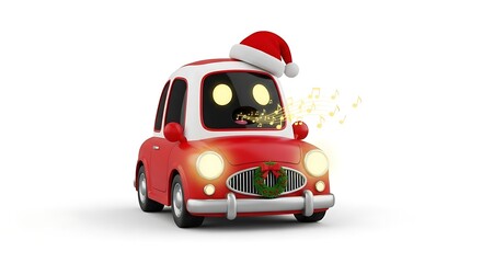 Joyful cartoon car wearing Santa hat sings carols with festive wreath, spreading holiday cheer