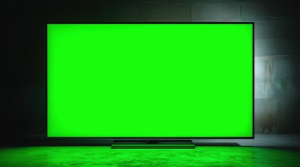 暗い部屋のコンクリートの床に置かれた大型ディスプレイのグリーンバック画面 | Large display screen with green chroma key placed on a concrete floor in a dark room