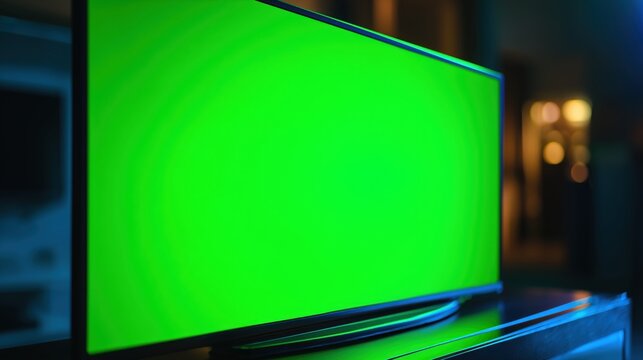 暗いリビングルームに置かれた薄型テレビの画面が緑色の背景（クロマキー）で表示されているクローズアップ。 | Close-up of a slim television screen displaying a green background (chroma key) in a dark living room setting.