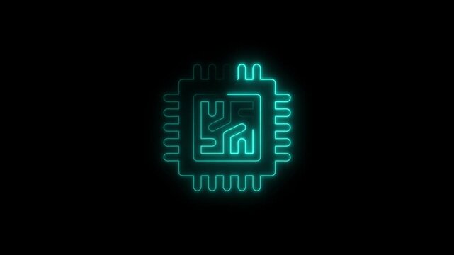 Cyan neon circuit board chip icon on black background processor microchip