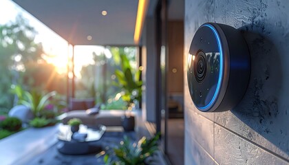 Exterior security camera mounted on a textured wall, partially in focus, overlooking a modern patio with lush vegetation and sunlight