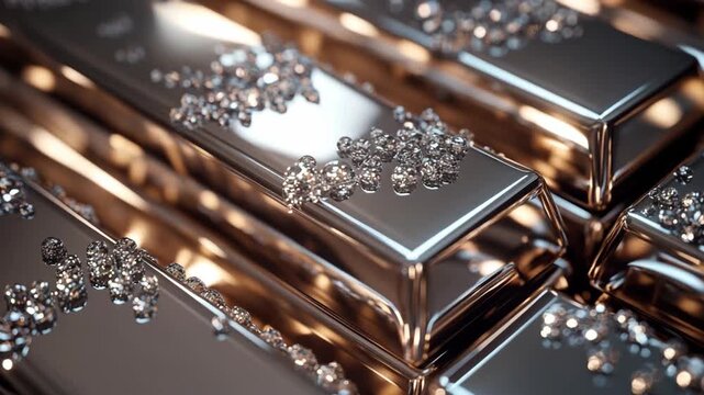 Shiny metallic silver bars covered with sparkling diamonds symbolizing wealth, finance, treasure, luxury, prosperity, money, success investment, business, glamour valuable resources and global economy