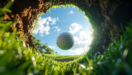 Dramatic perspective from within a golf hole, showcasing a golf ball suspended in the air against a sunny, blue sky background
