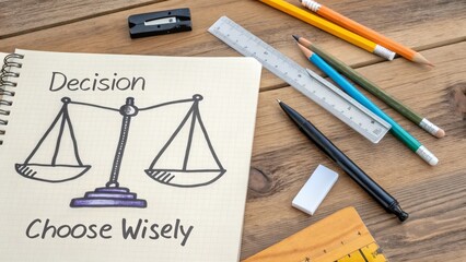 Stationery items alongside a notebook featuring scales of justice