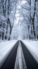 Obraz premium Empty asphalt road leading through a tranquil snow covered winter forest.