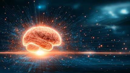 Glowing neural brain with circuit like lines radiating outward over dark tech background, futuristic clean network and intelligent data flow visualization full of energy and motion