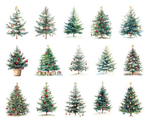 Obraz premium PNG Watercolor festive Christmas trees, element set on transparent background