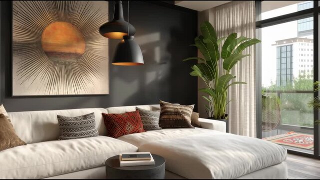 Modern living room with stylish decor and large windows