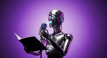 Futuristic robot reading script into vintage microphone, a modern voice assistant concept