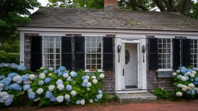 Charming cottage facade with blooming hydrangeas and classic architecture
