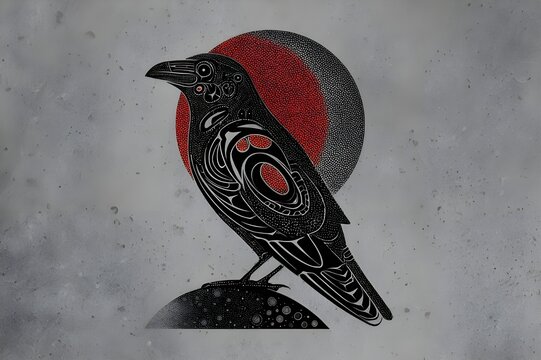 A raven and the moon in the coastal salish art style mixed with beautiful native dot art style