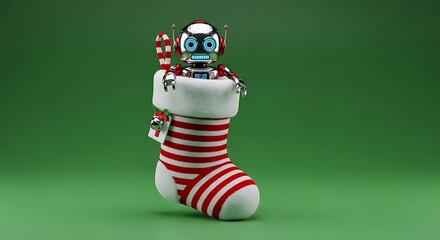 Whimsical robot peeks from festive Christmas stocking, bringing holiday cheer and tech joy