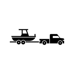 truck with boat trailer glyph icon. boat trailer solid black illustration.