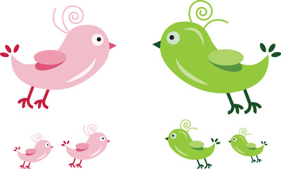 Two Pink And Two Green Cartoon Birds With Swirls On Heads cute animal