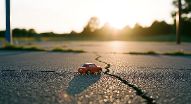 Tiny red car on cracked asphalt road at sunset, symbolizing journey. - Powered by Adobe