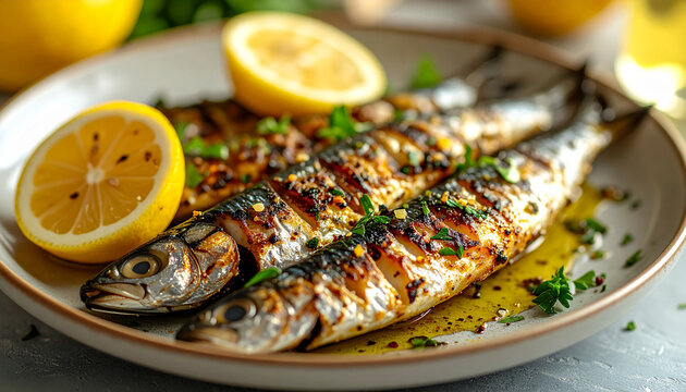 Grilled sardines, freshly cooked dish with lemon slices and herbs, rustic Mediterranean table