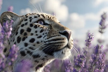 Obraz premium Ultra-realistic 4K Aerial view from a leopard sitting on a lavender flower field, looking up directly to the sky