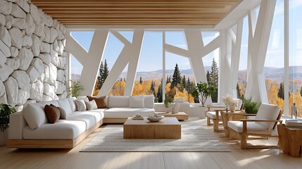 Fototapeta premium Modern Abstract Digital Art in Spacious White Living Room with Nature View