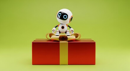 Cute robot surprise gift delivery, technology future concept, futuristic innovation.