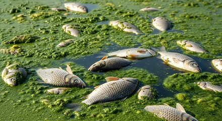 Fototapeta premium A large number of dead fish float on the surface of a body of water covered in green algae, indicating a potential environmental disaster