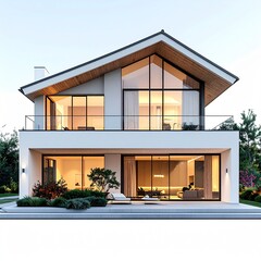 Modern Home with Balcony and Large Windows at Sunset