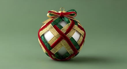Elegant Christmas ornament with red green gold ribbons, perfect for festive holiday decor and celebrations