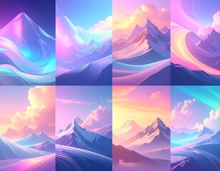 Eight vibrant mountain landscapes rendered in a pastel, otherworldly style. Swirling skies and peaks create dreamlike scenes