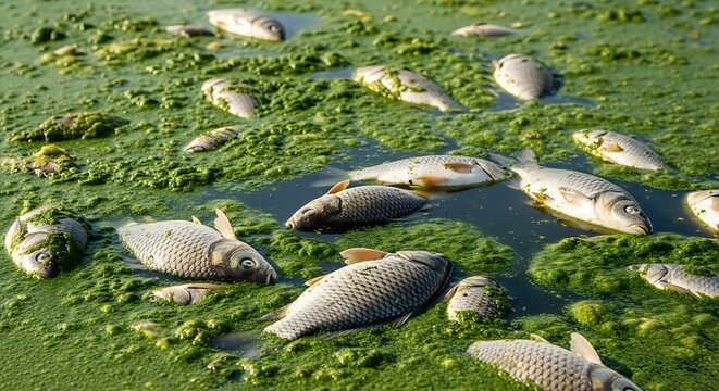 A large number of dead fish float on the surface of a body of water covered in green algae, indicating a potential environmental disaster