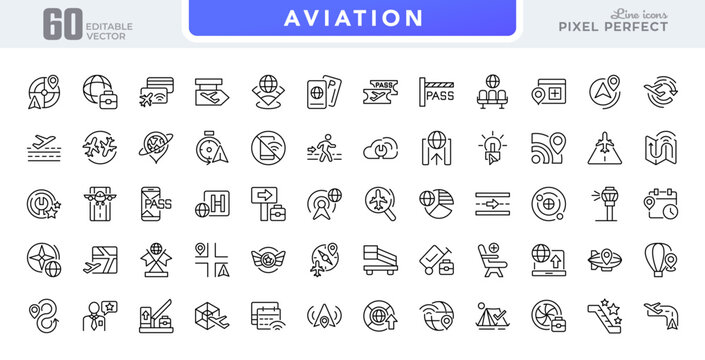 Aviation linear icon set. Visa, passport, migrant, customs officer, border, location, airplane, ticket, wifi, vector line icons. Editable stroke design