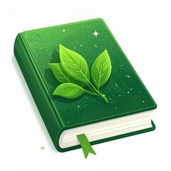 Captivating Emerald Book Adorned with Vibrant Green Leaves, Representing Sustainable Learning and Organic Wisdom in a Stylized Illustration