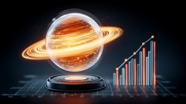 Abstract illustration of planet with data graph on black background