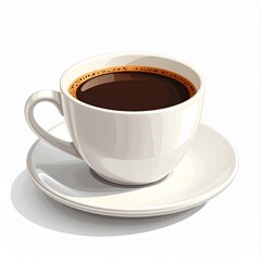 A classic white ceramic cup filled with freshly brewed black coffee on a saucer. An isolated illustration symbolizing a morning ritual and energy boost