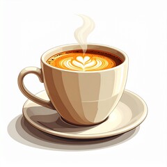 Steaming cup of coffee with frothy latte art on a saucer, perfect for a morning boost or a cozy break