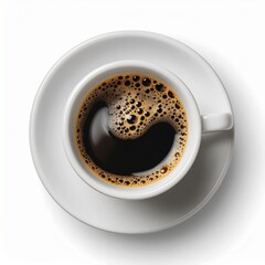 Freshly brewed black americano coffee in a classic white ceramic cup and saucer, isolated on a white background from a top-down view