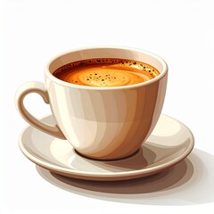 Clean illustration of hot coffee in a white ceramic cup with rich crema, on a saucer, isolated on bright white. Ideal for cafe menus and morning designs