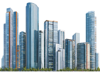a modern city skyline with skyscrapers isolated on transparent background