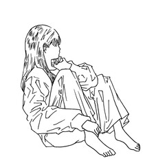 座ってイヤフォンをしながら車窓を見る女性（mono、png）