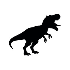 Fototapeta premium A fearsome T-Rex dinosaur silhouette roaring, prehistoric setting (implied), minimalist white background.