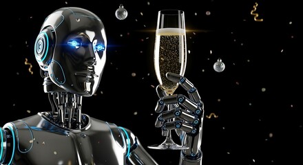 Futuristic robot celebrates with champagne amidst sparkling confetti and festive ornaments