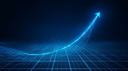 Blue technology background with upward arrow symbolizing growth and progress. Digital grid floor with curved lines, science and innovation concept.