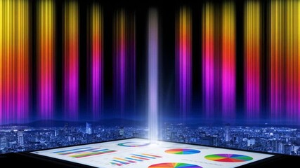 Abstract digital data stream over cityscape with business chart - Powered by Adobe